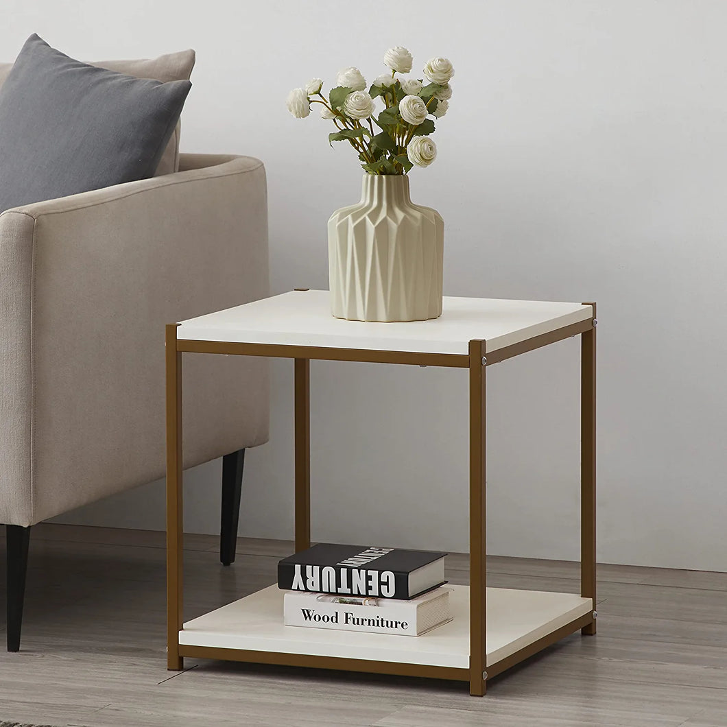 Tall Side End Table by CAFFOZ Furniture Designs |Brooklyn Series | Night Stand | Coffee Table |Storage Shelf | Sturdy | Easy Assembly | White Gold Wood Look Accent Furniture with Metal Frame