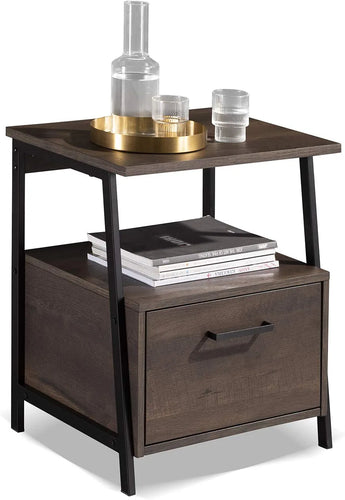 Caffoz Home End Table | Nightstand | Accent Table with Storage Shelf and Drawer, Sturdy and Easy Assembly, Wood Look Accent Furniture with Metal Frame, Smoky Oak