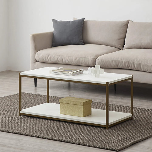 Tall Center Table Coffee Table by CAFFOZ Furniture Designs | Storage Shelf | Sturdy | Easy Assembly | Accent Furniture with Metal Frame, White and Gold